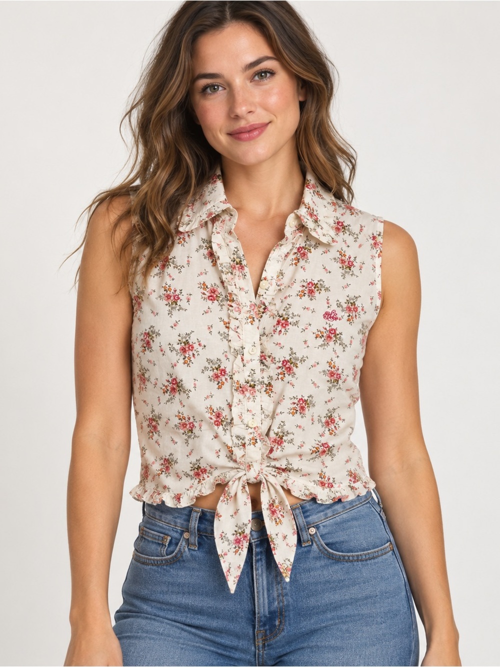 Ralph Lauren Cream Sleeveless Floral Ruffle Tie-Hem cottagecore Blouse SMALL